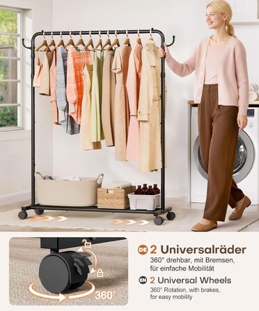 Багатофункціональна вішалка для одягу Yorbay з регульованою висотою на колесах міцна металева вішалка для одягу з полицею для багажу - компактна вішалка для одягу для спальні та пральні (117,5 см) чорного кольору 117,5 см