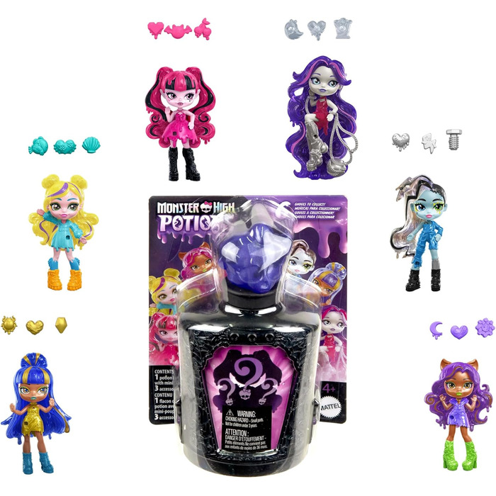Міні-ляльки Monster High Potions та аксесуари, фігурки-сюрпризи заввишки приблизно 7 см у пляшці для демонстрації з водяною кришкою та брелоками (персонажі можуть відрізнятися), кольорові HYB10