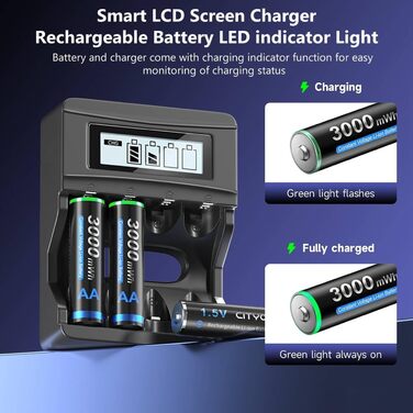 Акумуляторні літій-іонні батареї CITYORK AA, 4 акумуляторні батареї 1,5 В AA ємністю 3000 мВтгод, з 4-слотовим РК-дисплеєм Smart Charger, зарядний пристрій Micro USB, функція швидкої зарядки для автомобіля