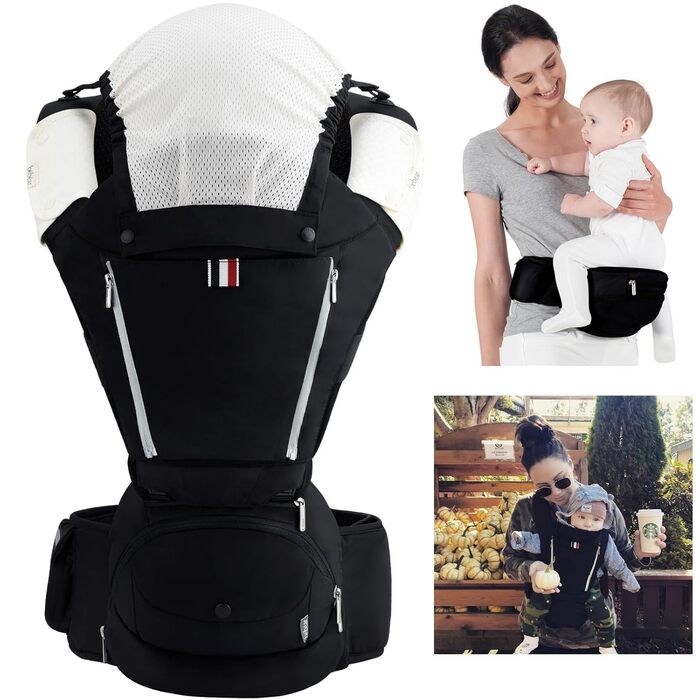 Чорний), 6 in 1 Clasical Baby Carrier Backpack 0-36 Months with 3PCS Baby Drool Bib, Convertible Baby Carrier (