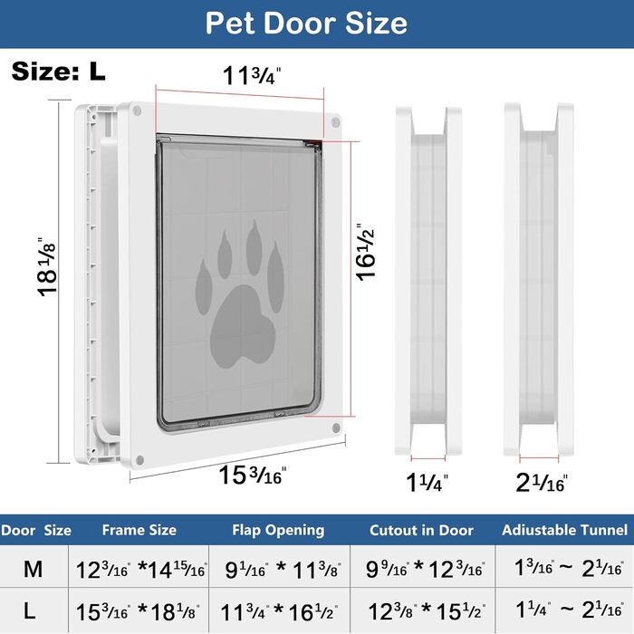 Для великих собак, атмосферостійкі двері для котів і собак вагою до 45 кг, міцна застібка в комплекті, підходить для внутрішніх і зовнішніх дверей (великі, білі)