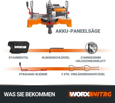 Акумуляторна панельна пила WORX WX845.9 NITRO 20В - багатофункціональна пила для протягування, поперечного та косого пиляння - розпилювання під кутом 0-45 - 220 мм у деревині - безпечна та зручна завдяки затискачу XtraHand - без акумулятора та зарядного п