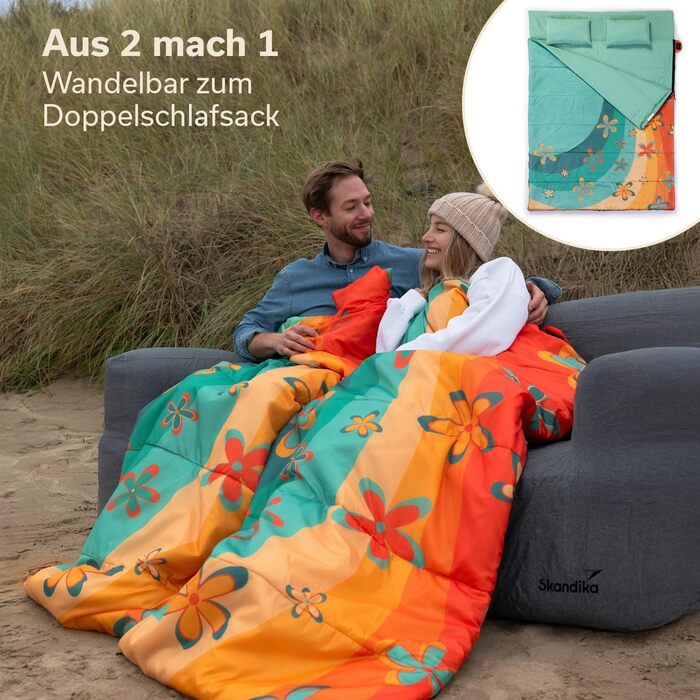 Спальний мішок Skandika Sovro Blanket Вуличний спальний мішок для дорослих, 3 сезони, може використовуватися як подвійний спальний мішок, спальні мішки для кемпінгу з подушкою, теплий спальний мішок для дорослих 190 см Веселка