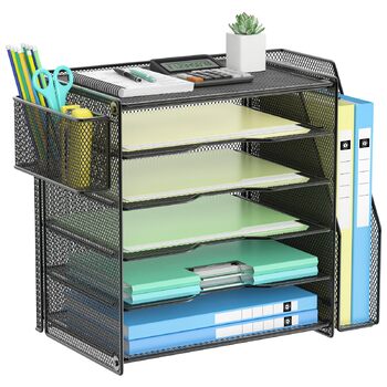 Настільний органайзер OUTWOLF з тримачем для файлів, 6-ярусні лотки для листів з 1 вертикальним відділенням, 1 тримач для ручок, сітчастий настільний органайзер, тримач для журналів та офісного приладдя, зберігання документів, чорний