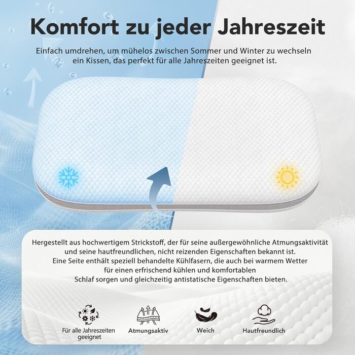 Подушка для шиї - Регульована по висоті подушка для підтримки шиї для полегшення болю в шиї - Ергономічна подушка з піни з ефектом пам&39яті - Чохол, який можна прати, 70x39,6 см, білий