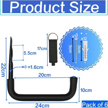Міцні гачки для зберігання в гаражі Locawaya, настінний кронштейн, вішалка та органайзер для гаража, 24 см, гачки для зберігання садових інструментів, драбин, велосипеди, громіздкі предмети, 6 шт.