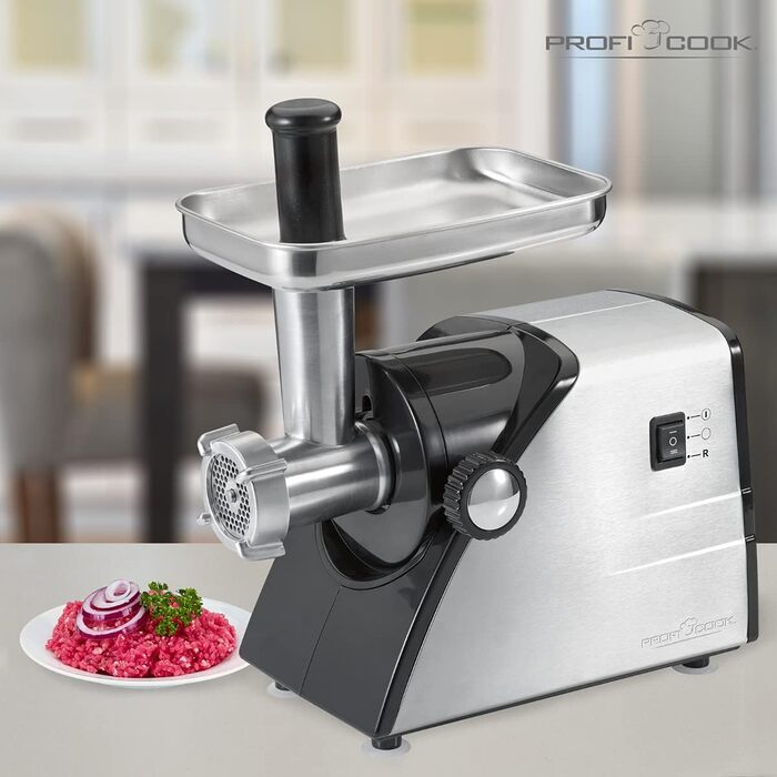 Електрична м'ясорубка Profi Cook PC-FW 1060, 1000 Вт, нержавіюча сталь, для м'яса, ковбас та кондитерських виробів, з насадками для ковбас, кеббе та 3 дисками з нержавіючої сталі