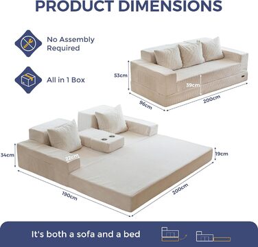 Розкладний диван MAXYOYO, вельветовий диван на підлозі, розкладний диван з підставкою для чашок та декоративними подушками, зручний компресійний диван для вітальні, спальні, кімнати для гостей, кремовий 3-місний