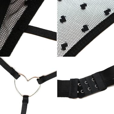 Жіночий сексуальний комплект білизни з прозорої сітки, спідня білизна у формі сердечок, сітчаста білизна, бебі-дол з V-подібним вирізом та леопардовим принтом, комплект із 2 предметів бюстгальтер на бретельках-спагетті трусики-стрінги, один розмір, чорний