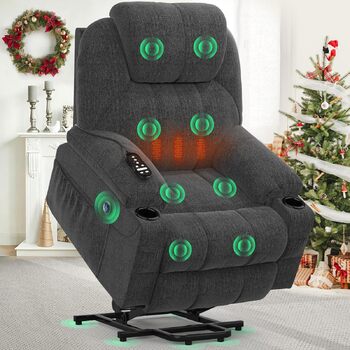 Електричне регульоване крісло-реклайнер YONISEE, масажне крісло з підйомником, функцією масажу та підігріву, крісло-реклайнер з підставкою для ніг, 2 бічні кишені та підстаканники, USB-порти, темно-сірий колір