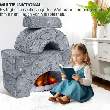 Модульний дитячий диван MeMoreCool з пінопласту, розкладні меблі для дитячої кімнати з функцією сидіння та відкидання, м&39який міні-диван зі знімним чохлом, сірий динозавр 02 сірий динозавр