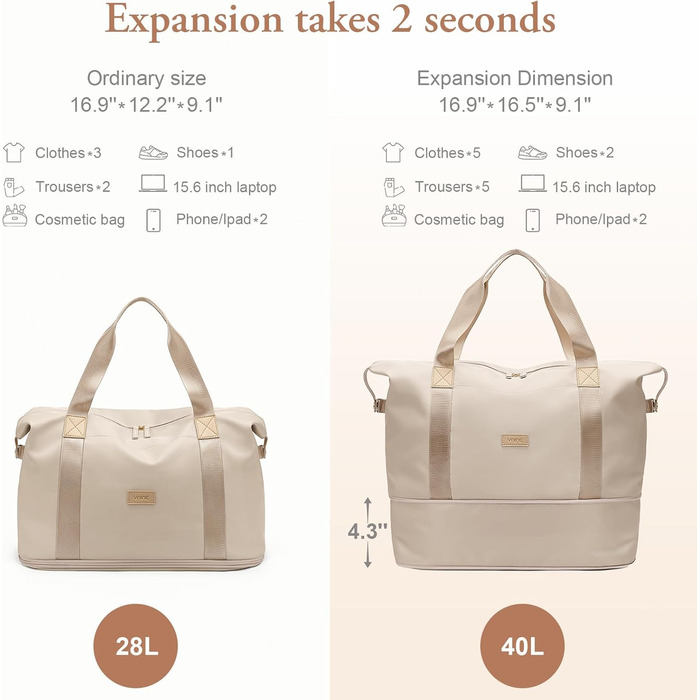 Жіноча дорожня сумка VNINE, ручна поклажа, спортивна сумка, сумка для вихідних, розширювана сумка для плавання, водонепроникна дорожня сумка, лікарняна сумка, сумка для пологів, бежевий колір