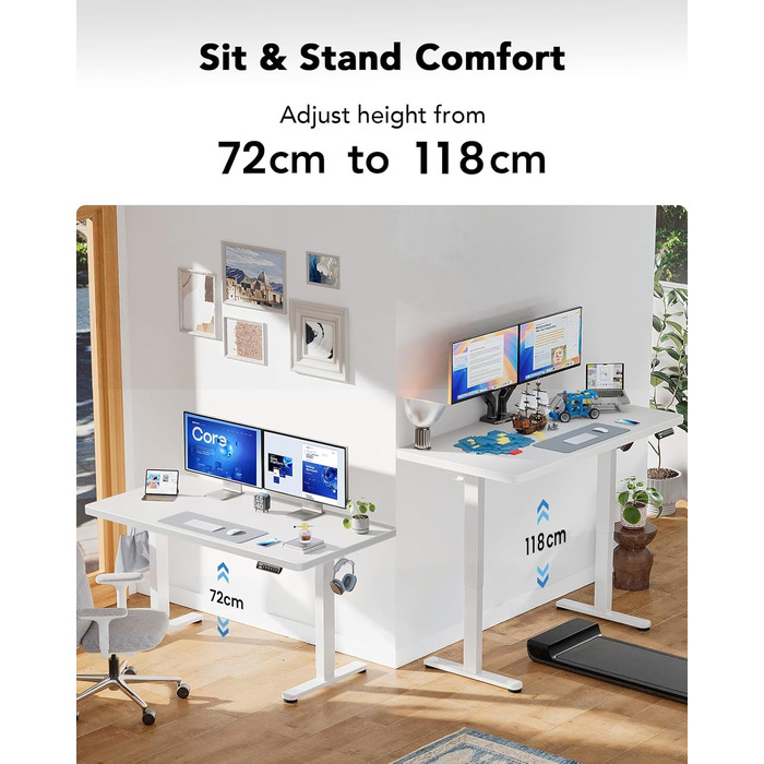 Стіл з регульованою висотою 160x80 см, товщина 25 мм, повна стільниця з безщітковим двигуном, ергономічний стіл для сидіння та стояння, легкий монтажний електричний стіл для домашнього офісу, білий 160*80 см