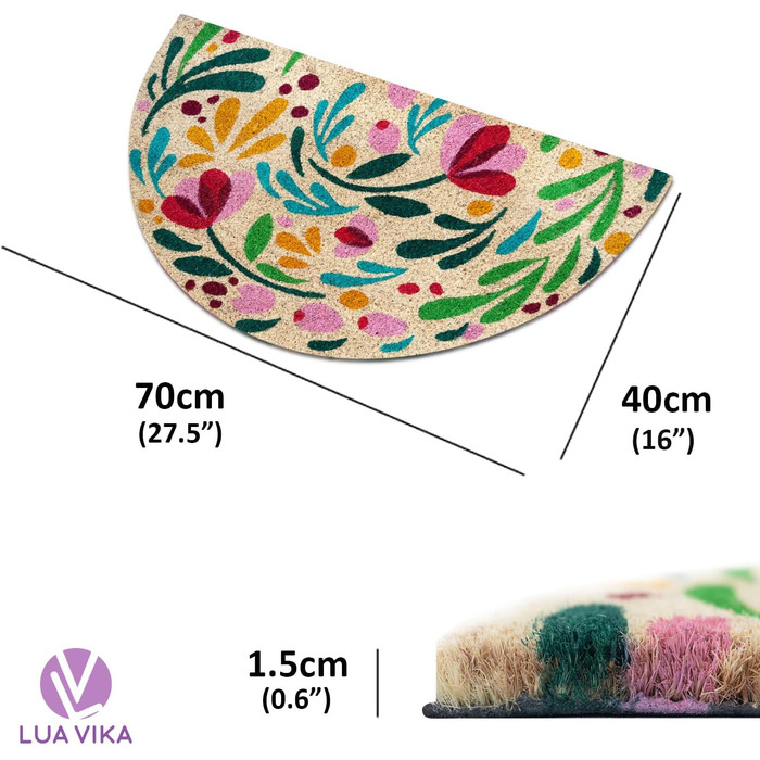 Напівкруглий кокосовий килимок для дверей - Флора - 40x70 см - Килимок для дверей для приміщень та вулиці - Килимок для передніх дверей - Килимок для вулиці - Килимки для дверей - Килимок для дверей з кокосового волокна