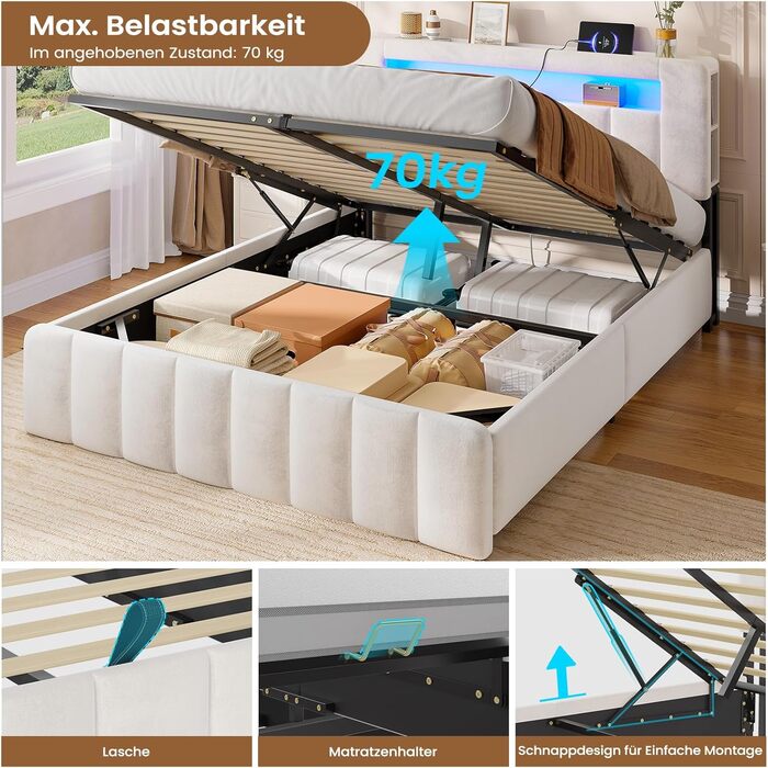 М&39яке ліжко 140x200 з місцем для зберігання, гідравлічне ліжко зі світлодіодним освітленням та зарядною станцією, дитяче ліжко, двоспальне ліжко, каркас ліжка з оксамитовим узголів&39ям - матрац не входить до комплекту (бежевий оксамит, 140x200 см) Беже