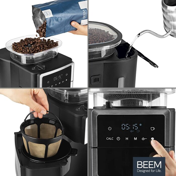 Кавоварка з фільтром BEEM FRESH-AROMA-PERFECT III з кавомолкою - Thermo Нержавіюча сталь З вакуумним глечиком і функцією Aroma Plus Постійний фільтр і 24-годинний таймер 1000 Вт до 10 чашок вакуумний глечик одинарний