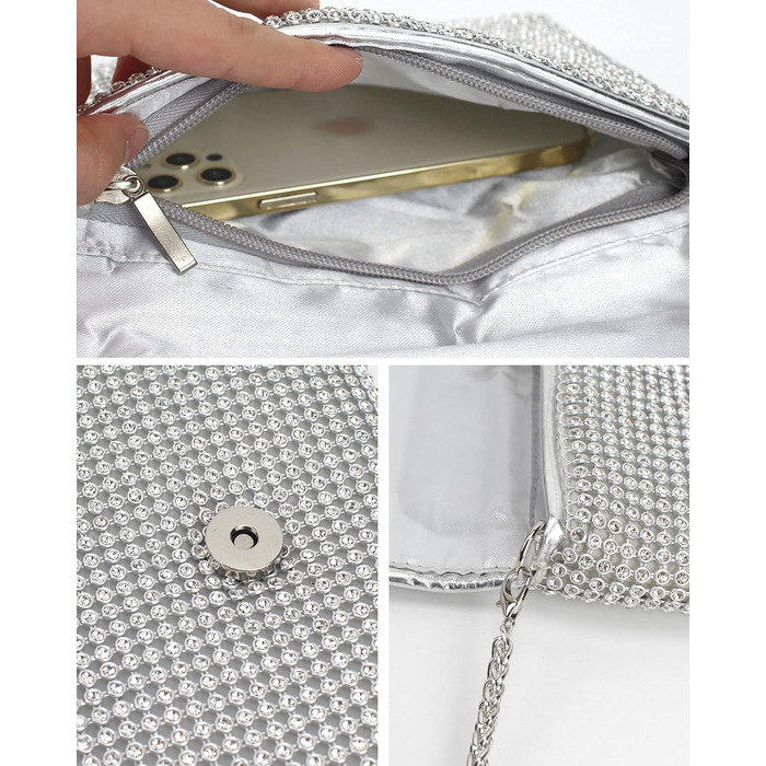 Сріблясте клатч-зчеплення з кристалами та знімним ланцюжком для вечірки, весілля, балу або банкету 06258