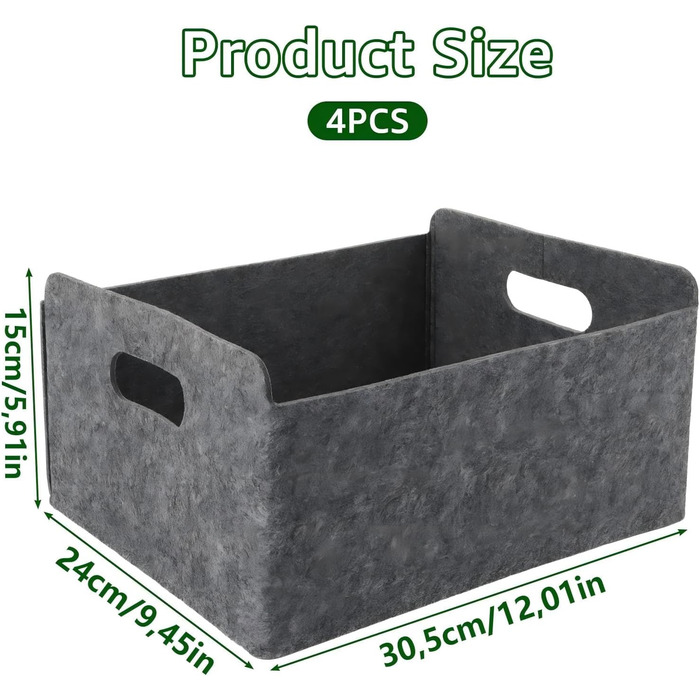 Набір фетрових кошиків WOPPLXY з 4 предметів, фетрова коробка 30,5 x 24 x 15 см, сірий фетровий кошик для шаф, книжкових полиць та шухляд