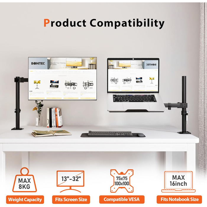 Тримач для монітора Redbat з охолоджувальною підставкою для ноутбука, повністю регульований для LCD/LED екранів 13-32 дюйми та ноутбуків до 16 дюймів, 2 способи кріплення, нахил, поворот та обертання