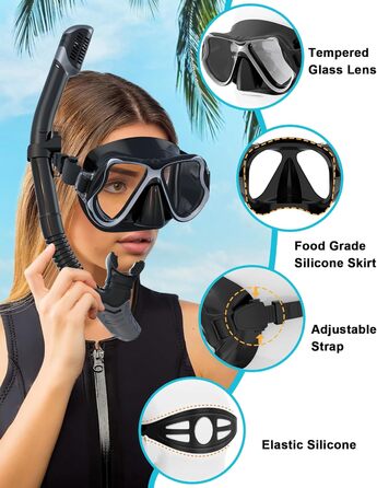 Набір для сноркелінгу Karvipark для дорослих, набір для сноркелінгу з маскою для дайвінгу та сухим сноркелем, маска для дайвінгу із захистом від протікання та запотівання, професійне спорядження для сноркелінгу, плавання та дайвінгу, колір чорний