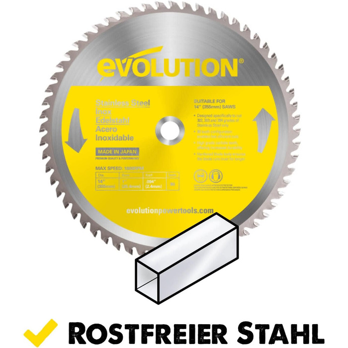 Evolution Power Tools S355TCT-90CS – Пильний диск з нержавіючої сталі 90T TCT, 355 мм, для поперечного різання