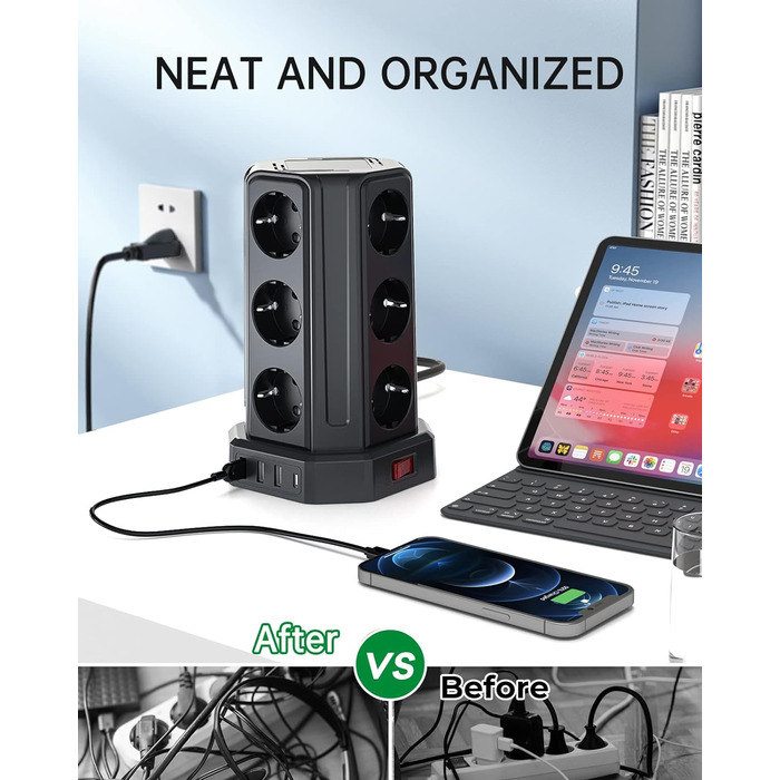 Шляхова розетка на 4000 Вт 16 А з подовжувачем 5 м, 3 розетки USB A і 1 розетка USB C із захистом від перенапруги, розетка для дом
