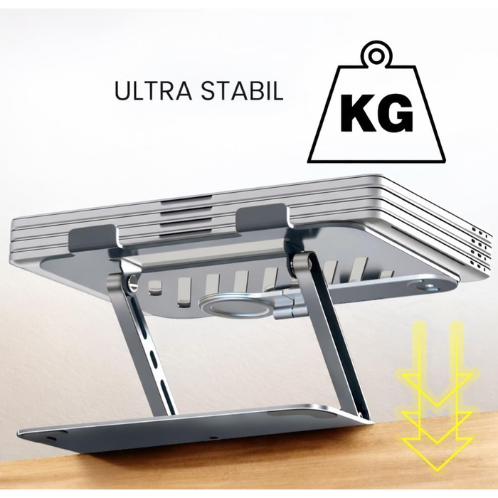 Стійка для ноутбука з магнітним тримачем для телефону, поворотна на 360 та регульована по висоті, виготовлена зі сталевого сплаву надміцна, складана, ергономічна з вентиляцією, для ноутбуків 1017,3 дюймів
