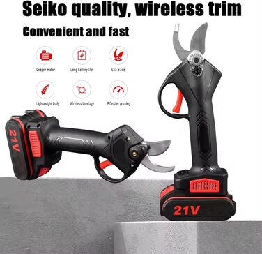 Електричні садові ножиці, бездротові, 25 мм, з 2 батареями (21 В), працюють від акумулятора, для садівництва, фруктових дерев та виноградників