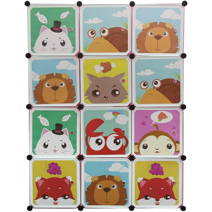 Дитяча шафа для зберігання Glit, 12 кубиків, модульна шафа з дверцятами, тваринні мотиви, пластикова полиця для іграшок, одягу та