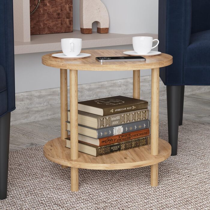 Круглий журнальний столик VES стіл для вітальні з нижньою полицею 49 x Ø 42 см тумбочка для ліжка диванний столик під дерево