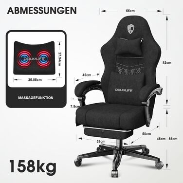 Ігрове крісло Douxlife з тканини та функцією масажу, розширена пружинна подушка сидіння, ергономічне офісне крісло, ігрове крісло для ПК з підставкою для ніг, 158 кг, чорний колір