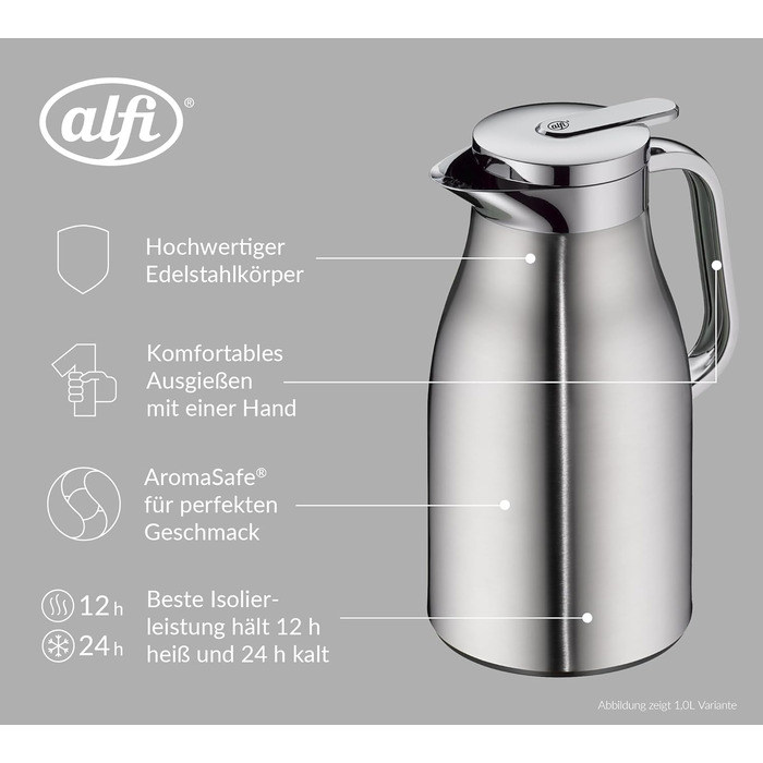 Термос alfi SKYLINE 1,5 л, матова нержавіюча сталь, з гігієнічним загартованим скляним вкладишем, кришка з поворотним замком та зручною кнопкою, ергономічна ручка, керування однією рукою, ідеально підходить як кавник