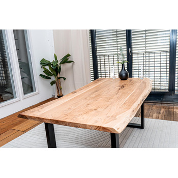 Стіл з натуральним краєм 140x80 см Товщина стільниці 3,6 см Обідній стіл з масиву акації з U-подібною основою, справжнім натуральним краєм, натурального кольору Ручна робота та міцний Доставка до потрібного вам місця включена. Коричневий 140 x 80 см (з U-