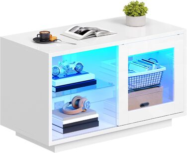 Білий журнальний столик YITAHOME, глянцевий стіл для вітальні з сучасним світлодіодним освітленням, білий бічний столик з відкритою регульованою полицею для демонстрації, 80x40x45 см