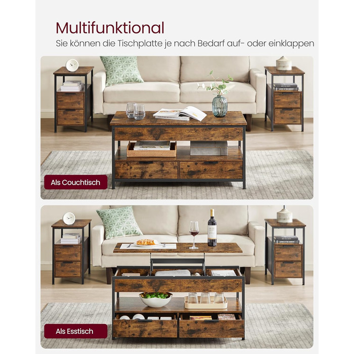 Журнальний столик VASAGLE, стіл для вітальні з регульованою висотою, журнальний столик, з шухлядами, відкритий відсік, 50 x 100 см, вінтажний коричневий-чорний LCT209K01 50 см x 100 см Вінтажний коричневий чорнильний