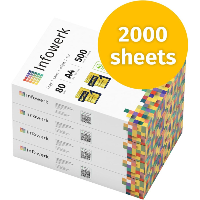 Папір для принтера, папір для копіювання, 2000 аркушів, 4 x 500 A4, 80 г, преміум-класу, яскраво-білий, CIE 160, переможець випробувань, сертифікований PEFC