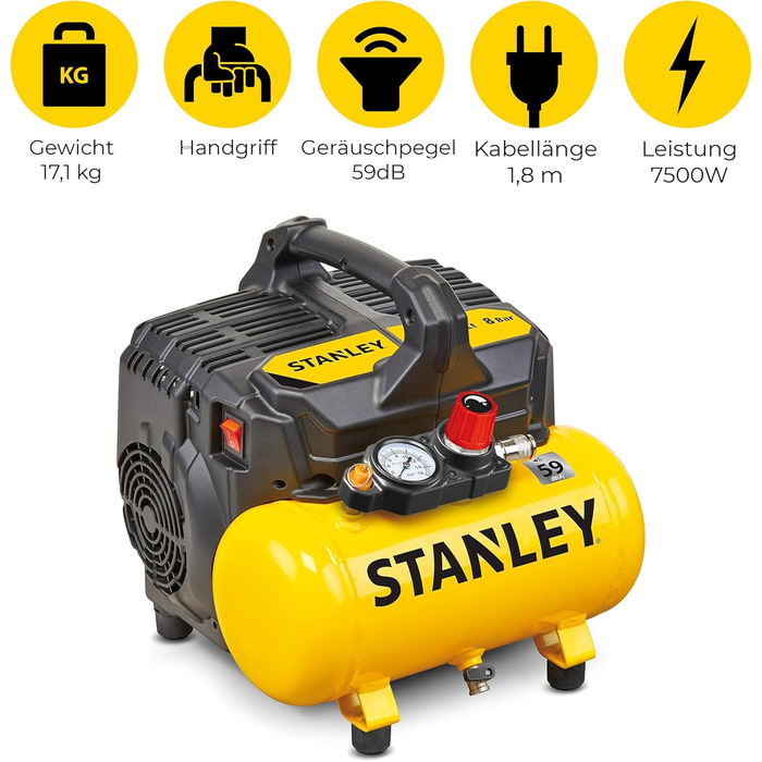 Компресор Stanley DN200/8/6 - Повітряний компресор 8 бар - Підлоговий компресор з ємністю бака 6 л - Безмасляний всмоктувальний ко