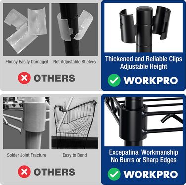 Полиця для зберігання WORKPRO з 5 полицями, регульованими по висоті, та регульованими ніжками, металева полиця, полиця для підвалу, полиця для майстерні, вантажопідйомність до 340 кг, 75x35x150 см, з 4 гачками, чорний колір