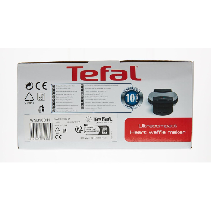 Вафельниця Tefal Heart WM310D Вафельниця для вафель у формі серця Плавний контроль температури засмаги за бажанням Листи з антипригарним покриттям Контейнер для збору тіста Чорний 1000 Вт