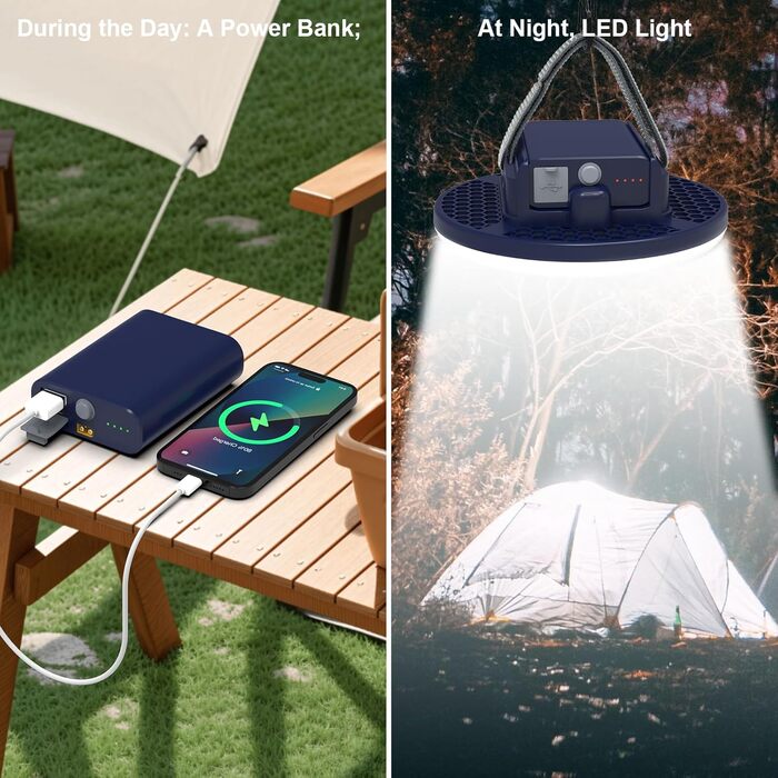 Ліхтар для кемпінгу ємністю 16500 мАг, акумуляторний та портативний, 2-в-1, світлодіодний кемпінговий ліхтар, що перезаряджається, з теплим та білим світлом, плавно регульованою яскравістю, кемпінговий ліхтар із гачком та карабіном для скелелазіння (синій