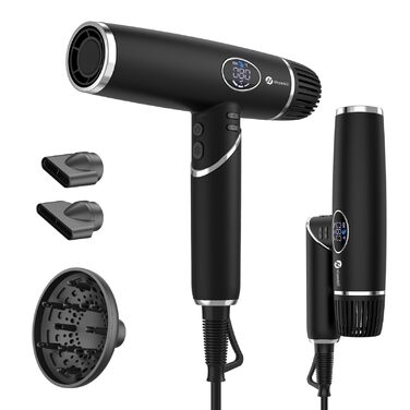 Фен з 200 мільйонами негативних іонів, наднизький рівень шуму 57 дБ, безщітковий мотор 110 000 об/хв, вага 340г, складаний фен з 3 дифузорами, LCD-дисплеєм, для подорожей, чорний, 2000W