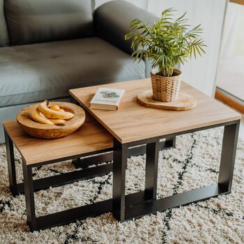 Дерев&39яний стіл для вітальні LEHMANN, комплект журнальних столиків із 2 шт. у 2 розмірах, дерев&39яний приставний столик, стіл для вітальні для дивана з чорним каркасом та дерев&39яною стільницею, комплект приставних столиків для вітальні, простий сучас