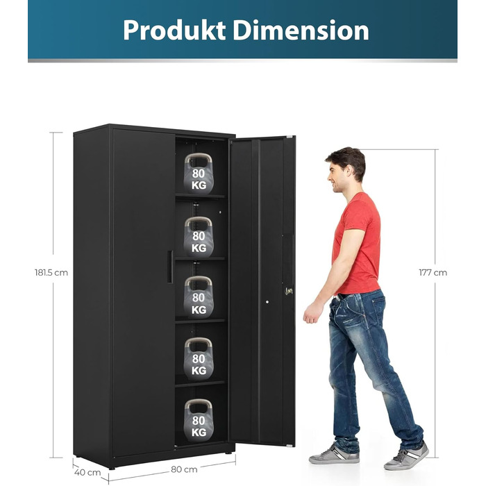 Шафа для документів, багатоцільова шафа, сталева шафа для зберігання, шафа для майстерні, 180 x 80 x 40 см, чорна 181,5 В см чорна