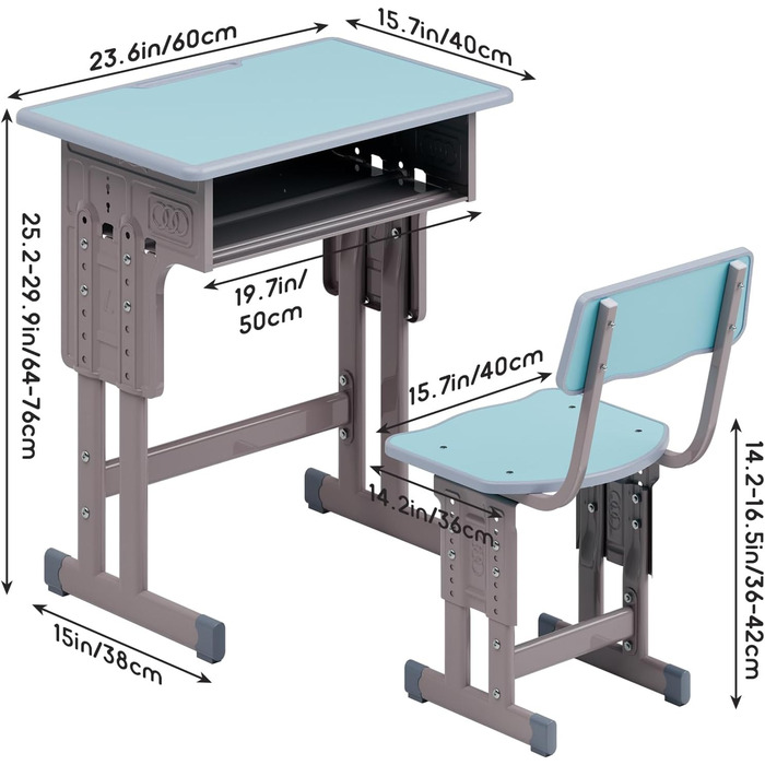 Дитячий комплект столу та стільця, регульований по висоті, для школи та університету, комплект столу та стільця з шухлядою для зберігання речей, ергономічний комплект стільців для роботи з гачком для рюкзака, підходить для дітей від