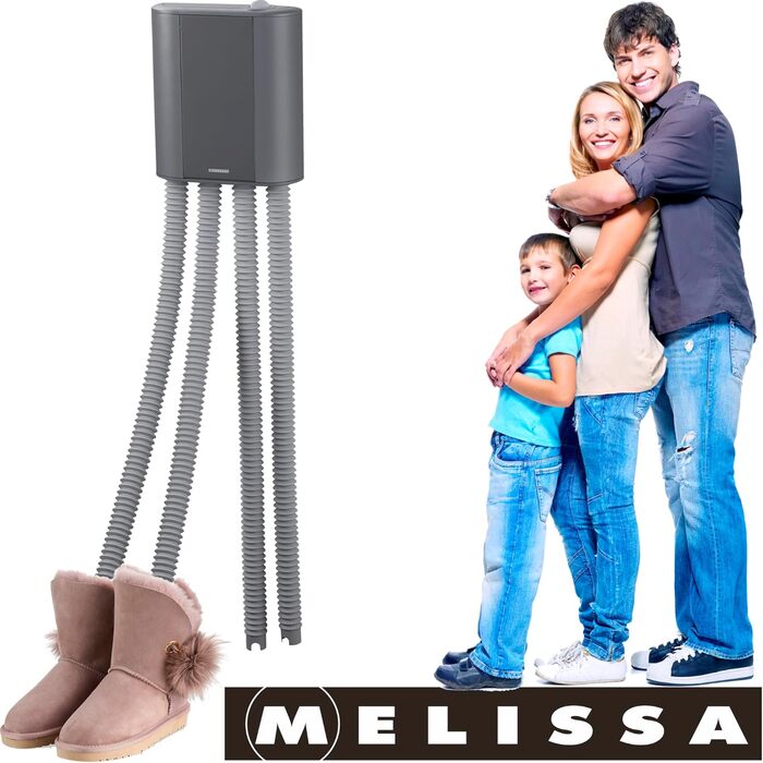 Сушарка для чобіт Melissa 16540011 електрична, підігрівач черевиків, гумові чоботи, черевики туристичний, лижні черевики, обігрівач з вентилятором і таймером на 2 пари взуття/рукавички, чорні 2 пари сірих