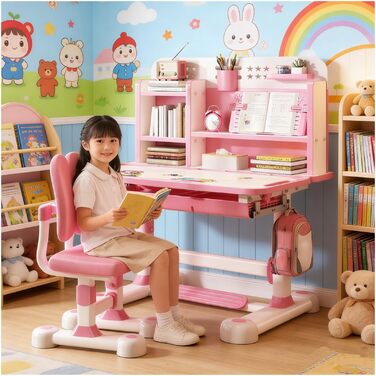 Функціональний комплект столу та стільця для дітей, ергономічний, регульований по висоті, для школи, студента, стіл, що похиляється, з шухлядою, підставкою для книг, ножною педаллю Rose