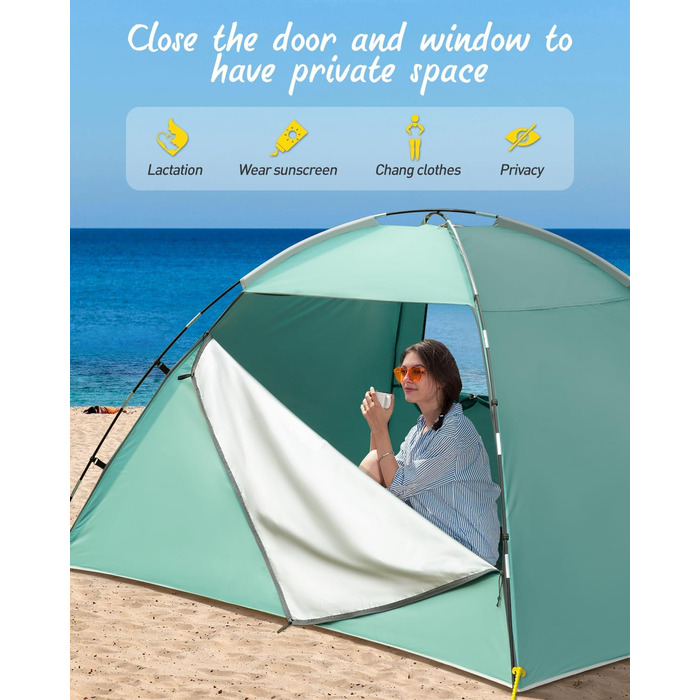 Намет Forceatt Beach Shelter, портативний надлегкий пляжний намет, сонцезахисний намет для 3-4 осіб, із захистом від ультрафіолету 50, легке встановлення, для сім&39ї, пляжу, саду, кемпінгу, світло-зелений