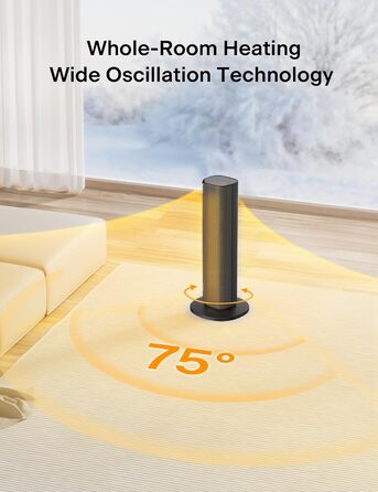 Електричний вентилятор-обігрівач PELONIS Tower Heater 2000 Вт з пультом дистанційного керування, швидкий нагрів 2S, коливання 75, еко-режим, захист від перегріву та перекидання, тихий керамічний обігрівач для спальні та офісу, 23 дюйми, чорний