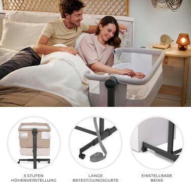 Приліжкове ліжечко 2-в-1, дорожнє ліжечко з матрацом та простирадлом, 5-рівневе регулювання висоти матраца, 4 колеса з гальмами, м&39який матеріал, легка конструкція, бежевий Nestee Beige, 2