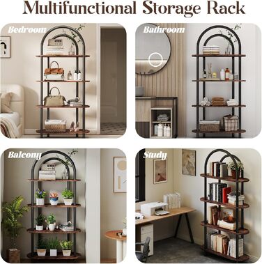 Рівнева вигнута книжкова шафа, книжкова полиця з металевим каркасом та дерев&39яними полицями, висота 165,5 см, полиці для зберігання для вітальні, кабінету, офісу, 80 * 30 * 165,5 см (сільський коричневий) 80*30*165,5 см, 4-